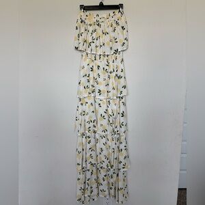 Skemo White Lemon-Print Strapless Tiered Maxi Dress